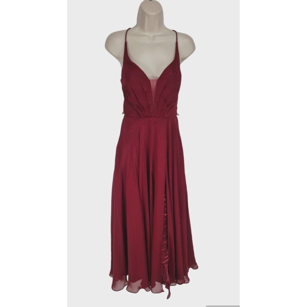 Cindy Collection Womens Maxi Prom Dress Size S Burgundy Chiffon Slit  21P